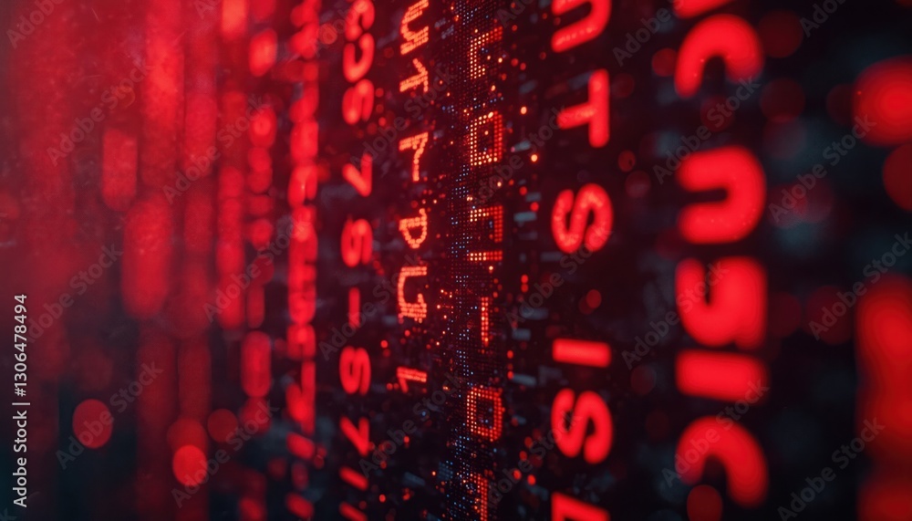 Fototapete Digital red matrix wall, futuristic tech binary code, computer data, virtual internet network program. Digit coding, cyberspace security pattern, abstract cyber science background. Perfect for tech