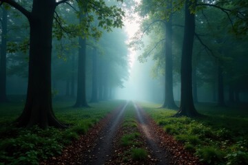 Obraz premium Foggy forest path with mist swirling around trees, path, nature