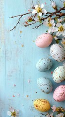 Obraz premium Speckled pastel Easter eggs on a rustic wooden surface