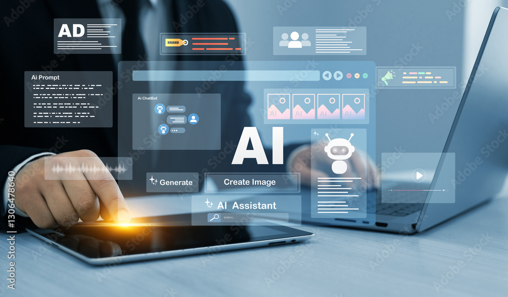 Poster person using laptop with ai content generator. interaction with the ai assistant to solve some tasks