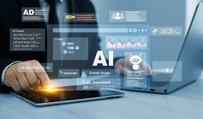 Person using laptop with Ai Content Generator. Interaction with the Ai assistant to solve some tasks more easily. Image generator, documents, marketing and advertising, bot writing and coding.