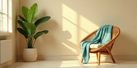 Serene interior scene featuring a wicker armchair draped with a teal throw, complemented by a potted plant bathed in sunlight