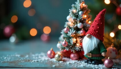 Gnomes in green and red clothing arrange a miniature Christmas tree with soft pink and blue fairy lights, decorative items, pink