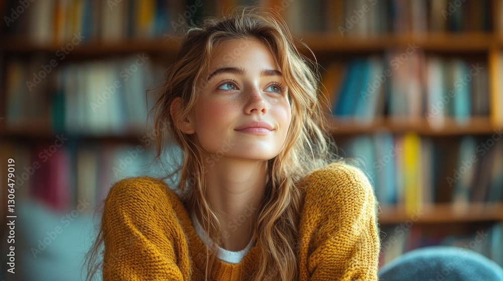 Poster a person sitting in front of a bookshelf, reading books