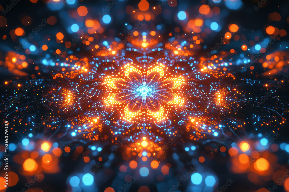 Poster Intricate fractal artwork featuring a mesmerizing orange and blue floral pattern with bokeh effect.