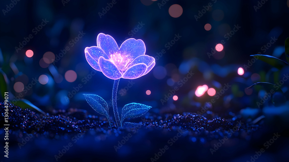 Poster glowing flower in dark environment with sparkling bokeh effects