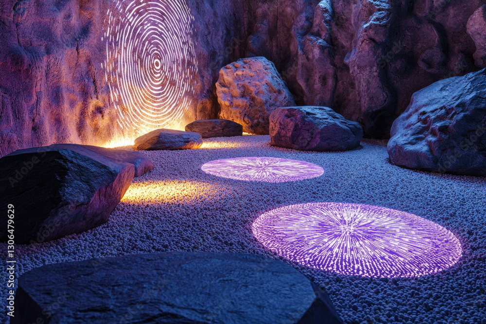 Poster Serene cave illuminated with glowing circular patterns on the ground and walls, creating a mystical atmosphere.