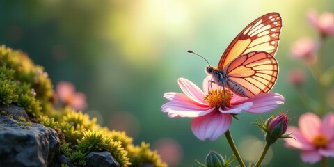 Obraz premium A delicate butterfly, wings aglow in golden sunlight, rests gently on a vibrant pink flower, surrounded by a lush garden