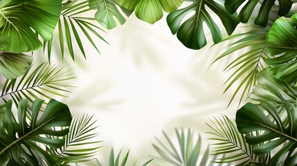 Lush Green Tropical Leaves Frame on White Background
