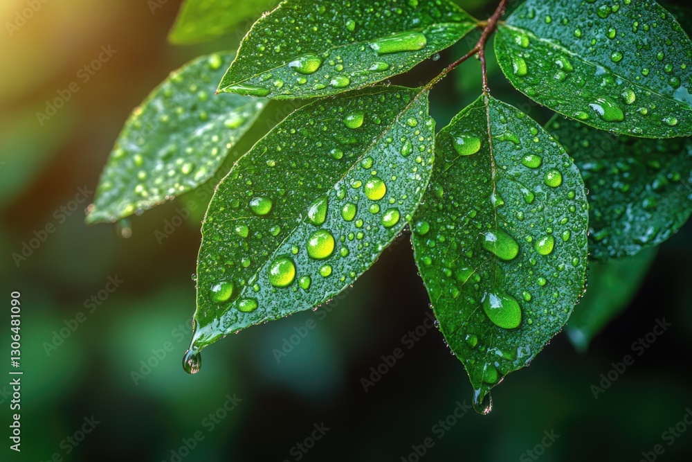 Poster close-up view of a leaf with water droplets glistening on its surface, perfect for use in nature or 
