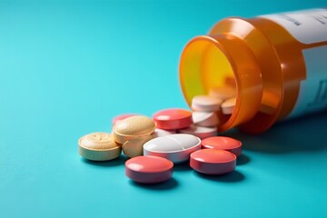 Close-up, spilled pills, pill bottle, blue backdrop , pharmacy, closeup