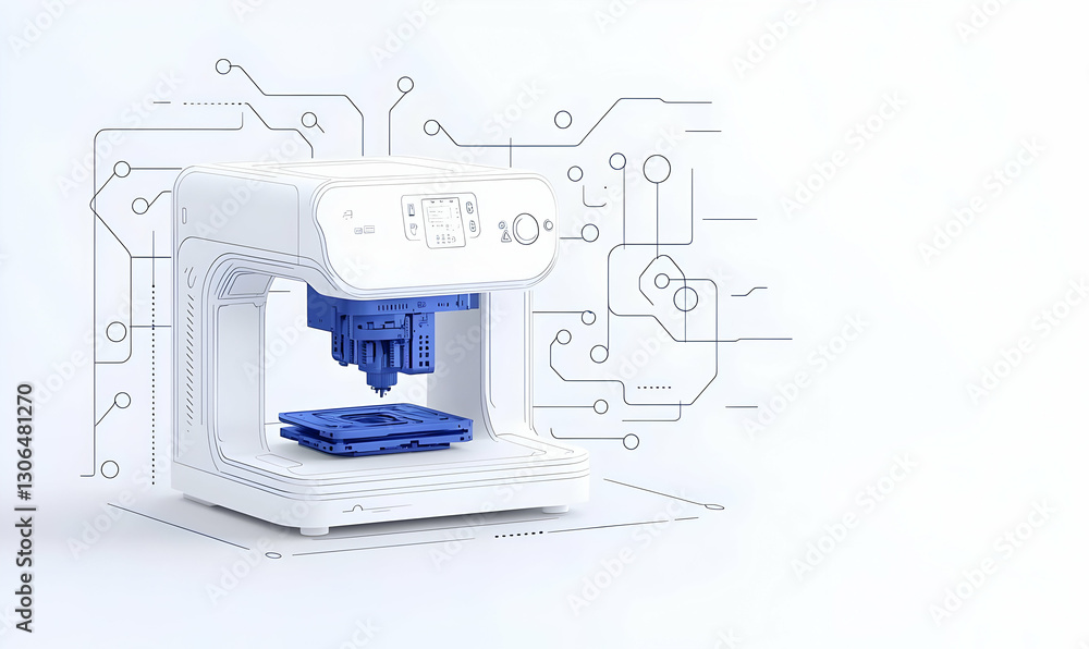 Poster modern 3d printer with blue component and circuit background design