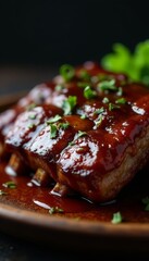 Dark, rich sauce shines on perfectly cooked ribs , juicy, dinner