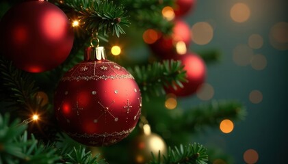 Obraz premium Sparkling red and gold ornaments on a Christmas tree, garland, holiday, sparkling