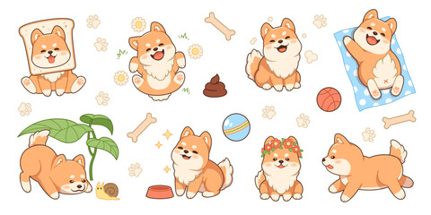 Cute shiba inu puppy characters. Kawaii fluffy dog, funny japanese breed pet, different animal activities, playful grooming mascot, cartoon flat style isolated tidy vector stickers set