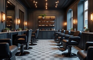 Salon interior in black, grey colors. Modern design with luxury barber chairs row, stylish lighting. Empty workspace space in barbershop. Shelves with cosmetics, hair products. Interior for brand