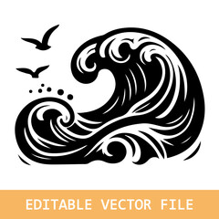 Vector hand-drawn seascape in retro style with waves, seagulls and clouds in the sky.