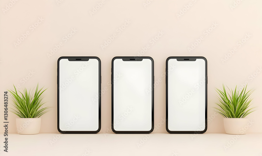 Poster minimalist display of three smartphones on a soft background