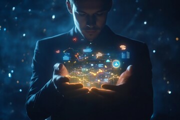 Businessman holding glowing holographic financial strategy. Concept of strategic thinking and modern approaches to investments