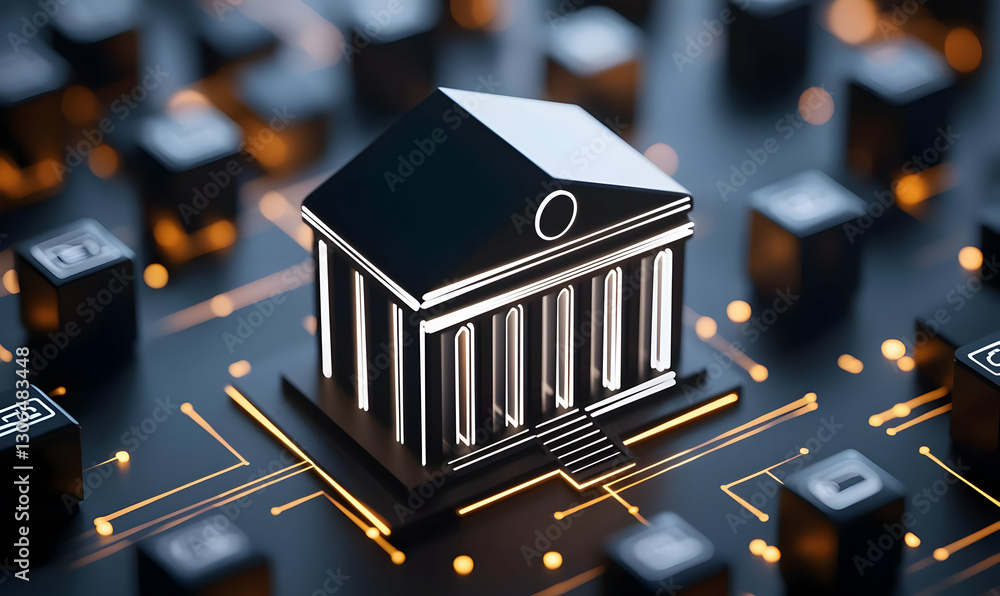 Poster digital concept of bank building on computer circuit board
