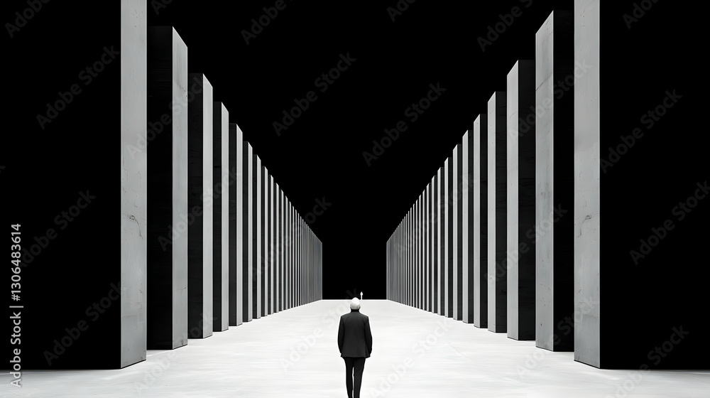 Aufkleber man walking towards monolithic columns in a dark minimalist space