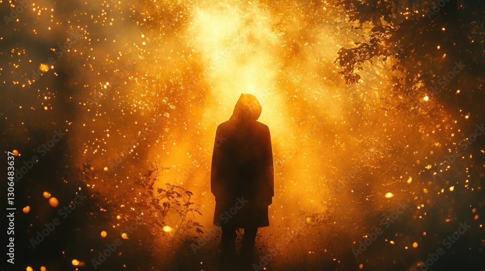 Poster a person stands alone in the middle of a dense forest