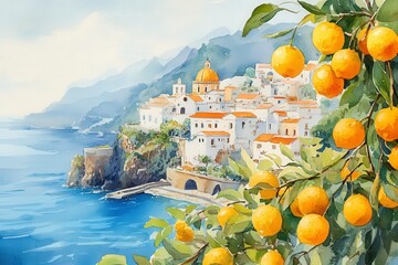Vibrant Amalfi Coast Landscape with Citrus Fruits and Coastal Architecture