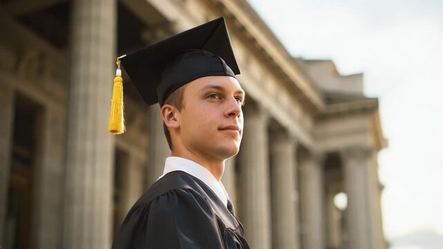 Graduate Poses Before Esteemed University in Soft Light