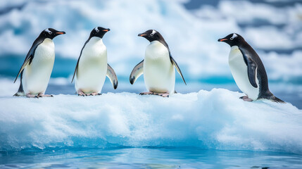 Obraz premium Adelie penguins standing on iceberg in Antarctic landscape with snow and ice, wildlife conservation and climate change concept