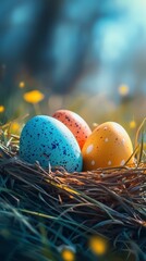 Obraz premium Nestled trio of speckled eggs amid glowing blossoms