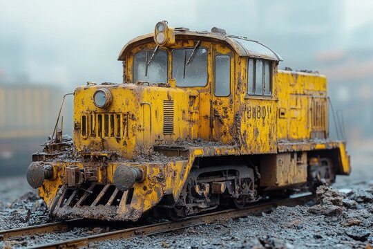 A yellow train engine sits atop a railway track, ready for departure