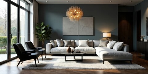 Modern Sectional Sofa in a Luxurious Living Room with Large Windows and Stylish Decor