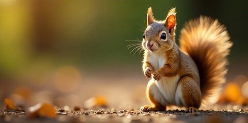 Obraz premium Adorable squirrel with fluffy tail standing on hind legs, looking curiously at camera , animal, looking