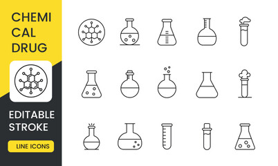 A set of vector icons representing chemical drugs, including molecular structures and laboratory glassware such as beakers, test tubes, and flasks, with an editable stroke