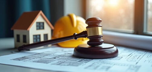 Gavel placed on architectural design sheet with construction helmet, miniature house. Represents legal, safety aspects construction industry, insurance. Regulations, compliance, project management,