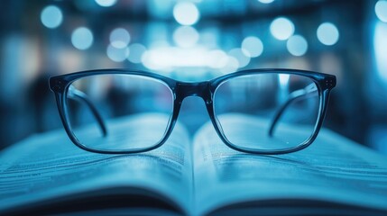 Clear glasses rest on an open book with blurred background