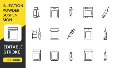 A collection of medical icons representing injection, powder, and suspension forms of medication. This set includes syringes, vials, and packaging, with an editable stroke.
