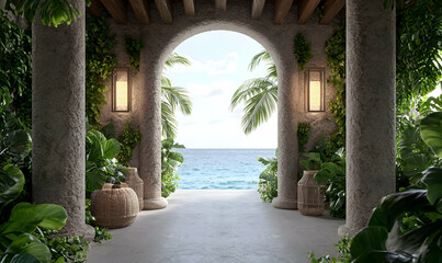 Fototapeta premium Serene Coastal Archway Surrounded by Lush Greenery and Ocean View