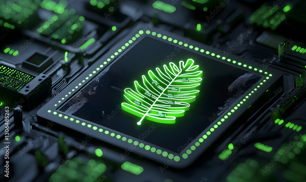 Poster digital circuit green leaf design on computer chip background