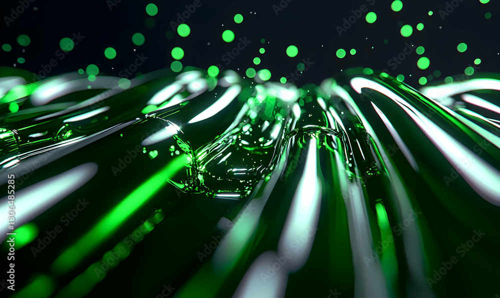 Poster abstract green wave with liquid reflections and bokeh elements