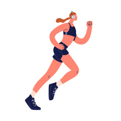 Woman jogging in headphones. Athletic female jogger, runner running and listening to music. Cardio training, active healthy sport workout. Flat vector illustration isolated on white background