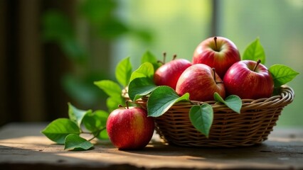 A basket brimming with vibrant red apples, nestled amongst lush green leaves, bathed in the warm glow of sunlight on a rustic wooden surface.
