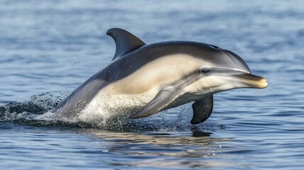 A bottlenose dolphin gliding just beneath the surface of a calm blue sea.