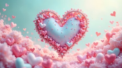 Obraz premium A whimsical pastel heart, adorned with smaller hearts, floats gently above a fluffy cloud of pink and white hearts, creating a dreamy, romantic atmosphere.