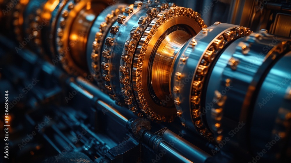 Poster A close-up view of a machine with intricate gears, suitable for use in industrial or mechanical contexts