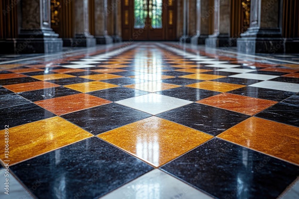 Poster a black and orange checkered floor in a modern or old building, suitable for various settings such a