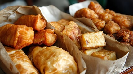 Various fried foods wrapped in oil paper mendoan tempeh bakso tofu