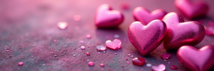 Obraz premium Close-up of shiny pink hearts on a textured background, cute, love