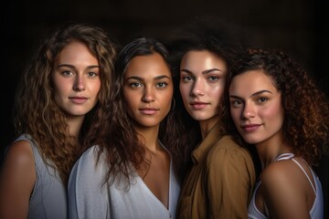 Obraz premium Four women with different hair textures and styles stand closely together, showcasing their individuality while exuding a sense of unity and confidence in a dimly lit environment