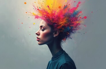 Side view of woman with colorful vibrant splashes of color instead of hair. Abstract artistic illustration creativity, imagination, innovation, brainstorming. Conceptual design art for mental health,